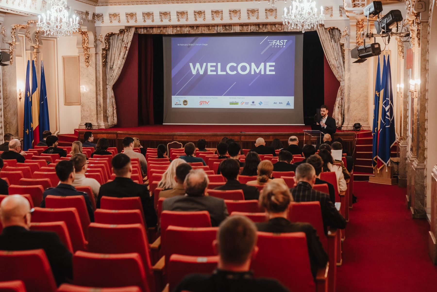 The Forum Stage hall at the National Military Club before the opening of FAST Forum 2026
